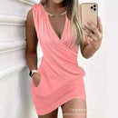2024 Spring Summer New Women's Clothing Solid Color Drawstring Retaining Ring V-neck Pocket Dress