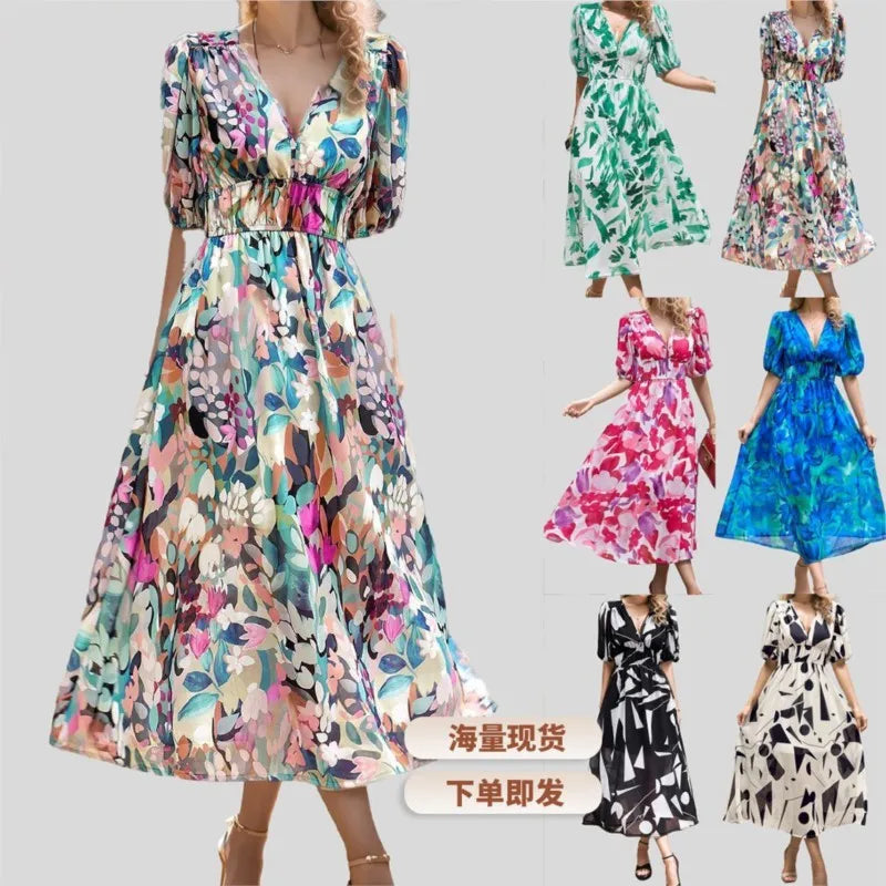 Women's summer dress 2025 fashion printed waist-cinching dress; holiday long dress; party dress; ladies' clothing.