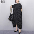 New 2025 Summer Woman Short-Sleeve Black Striped Shirt Dress Loose Fit Chic Big Size Casual Holiday Irregular Large Robe JKXD017