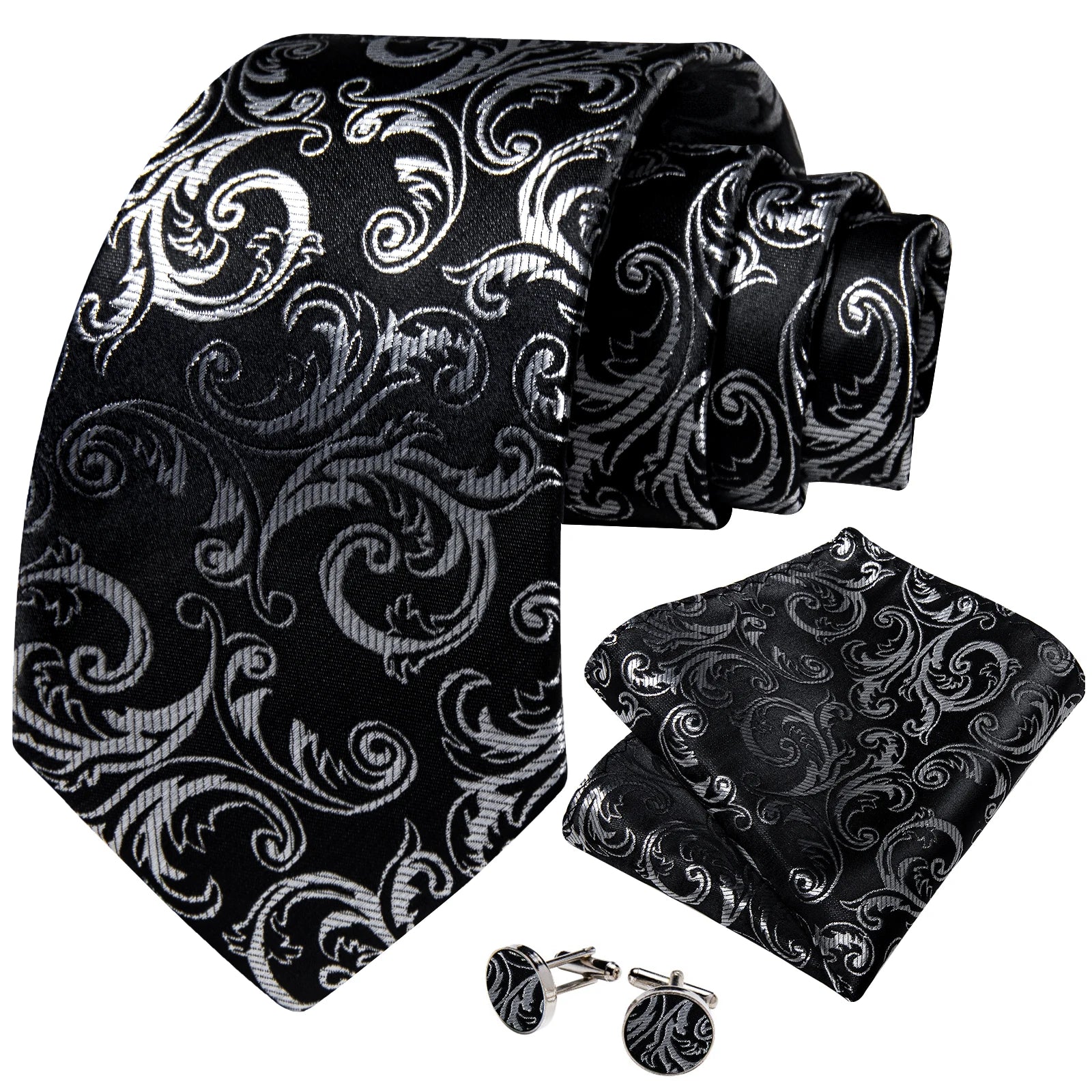 Men's Black Ties Handkerchief Cufflinks Business Formal Floral Striped Solid 8cm Necktie Gift for Husband Wedding Accessories