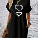 Women's heart-shaped printed pocket dress, casual round neck short sleeved dress for spring and summer women's wear
