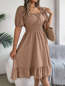 2024 New Fashion Solid Puff Sleeve Square Neck Ruched Bust Ruffle Hem Wasit Dress, Women's Clothing