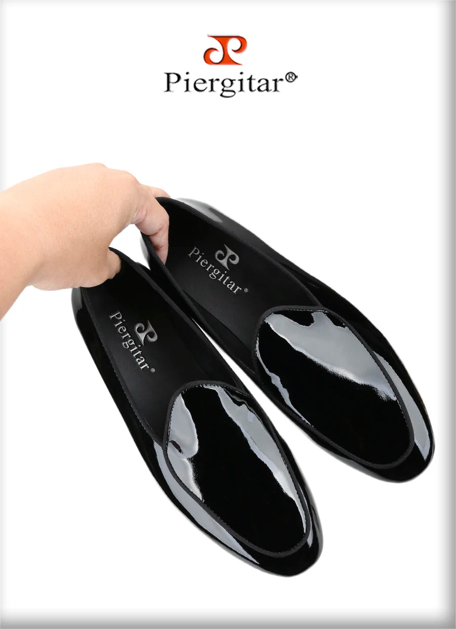 Piergitar Classic Style Black Patent Leather Slip-On Loafers For Party And Wedding Handmade Men's Dress Shoes Luxury Red Bottom