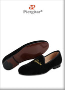 Piergitar BLack Velvet Men Moccasin With Gold Personality Letters Embroidery For Banquet And Party Handmade Slip-On Loafers