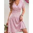 Floral Print Mini Dress Short Sleeve Midi Skirt Women's Fashion Spring Summer V Neck Polyester Fiber Regular Waistline Dress
