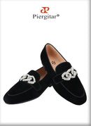 Piergitar Black Velvet Slippers With Matching Gros-grin Piping And Chain-Shaped Allover Crystals Handmade Slip-On Men's Loafers