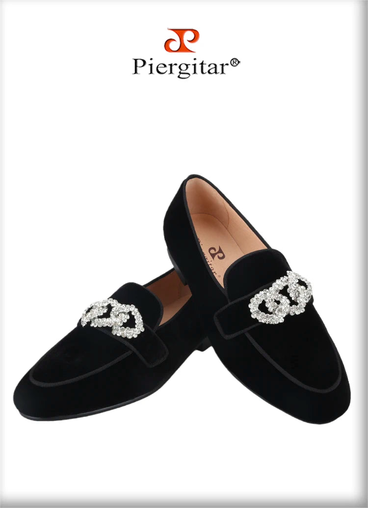 Piergitar Black Velvet Slippers With Matching Gros-grin Piping And Chain-Shaped Allover Crystals Handmade Slip-On Men's Loafers