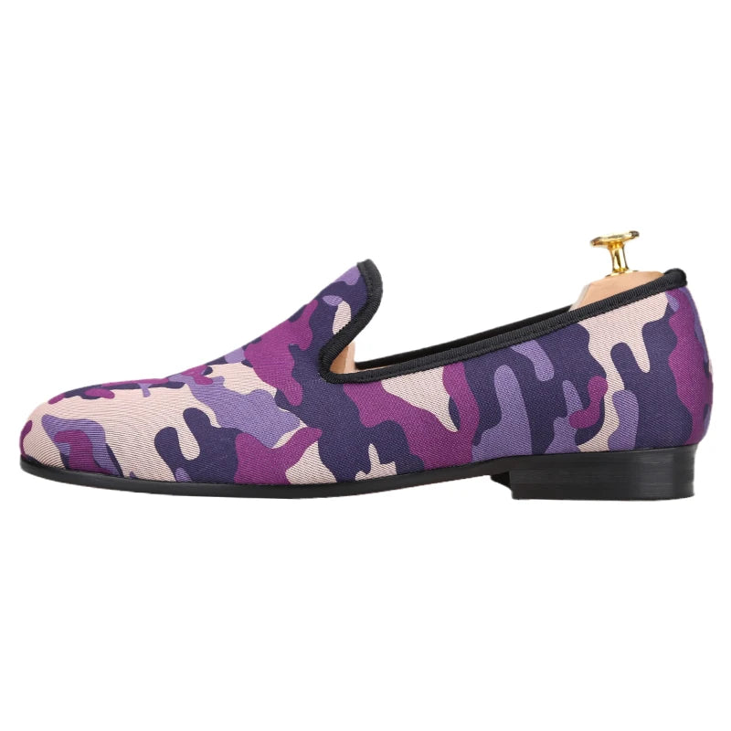 Piergitar Five Colors Camouflage Fabric Men Slip-On Shoes Handmade Male Loafers British Style Classic Smoking Slippers Plus Size