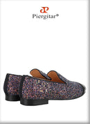 Piergitar Flash Purple Sequined Canvas Slippers With Patent Leather Toes Handmade Men Moccasins For Party And Wedding Plus Size