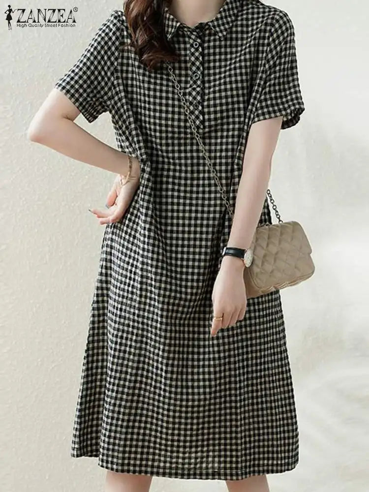 ZANZEA Women Plaid Long Shirt Dress 2024 Summer Short Sleeve Midi Dress Fashion Office Lapel Neck Robe Casual Loose Lady Vestido