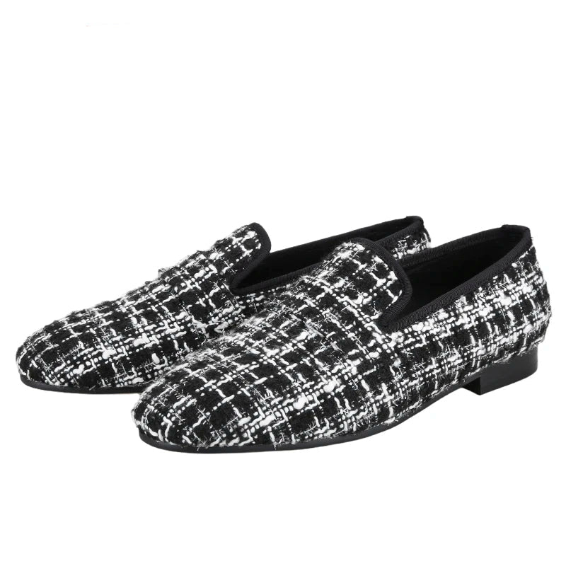 Luxury Brand Black and White Knitted cotton Men's penny Loafers British Classic Slip On Smoking Slippers