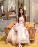 2025 New French High Quality Luxury Chic Dress Appliques Floral Print Spring Summer Strapless Women Holiday Spaghetti Midi Dress