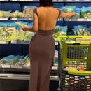 Women's Solid Sexy Backless Maxi Dress Elastic Short Sleeve Long Dresses