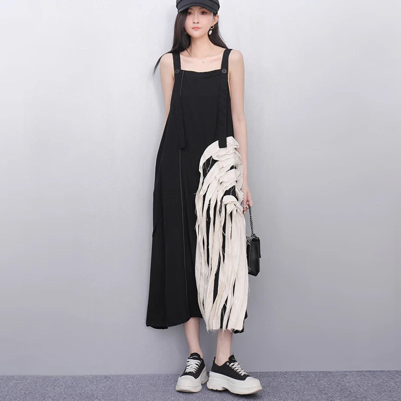 Unique Style New 2025 Summer Korean Style Woman Black Sleeveless Sundress Loose Fit Girls Casual Beach Cute Sun Dress JKXD057