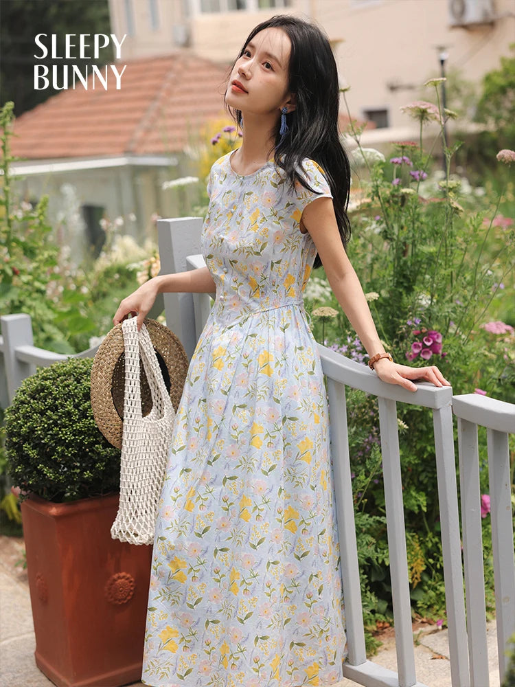 Floral Print Maxi Dress Women Summer Vintage Waist Slimming Dress Elegant Watercolor Cap Sleeve Long Dress Daily or Garden Look