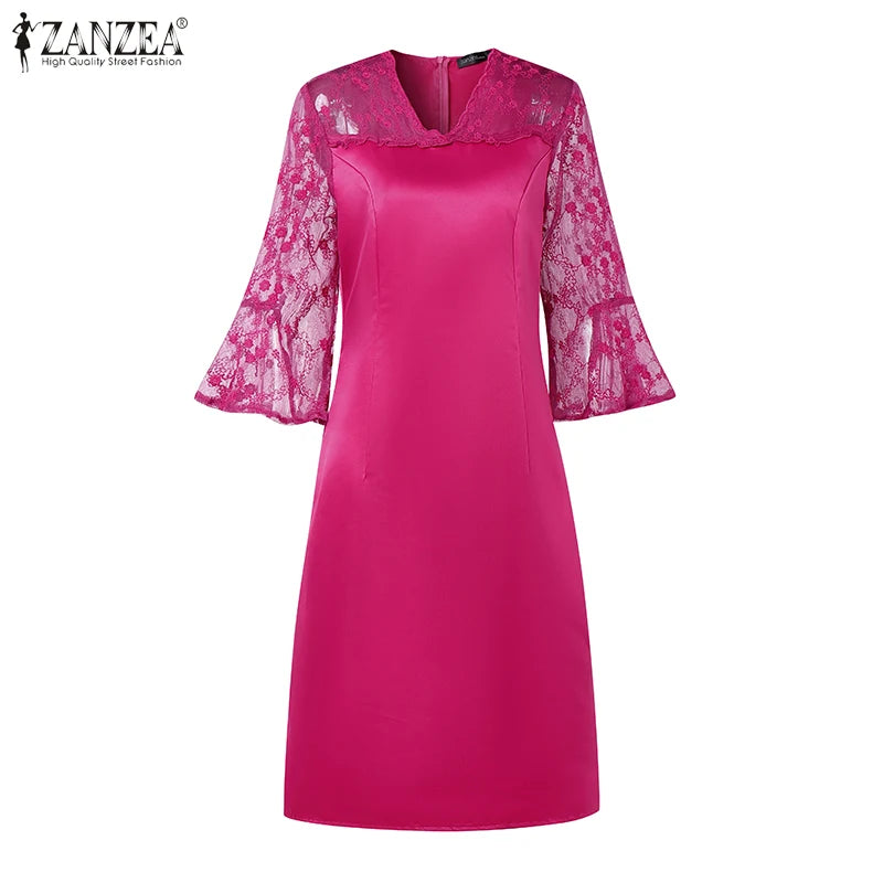 Women Summer Lace Patchwork Dresses ZANZEA Elegant Party Work Dress Fashion 3/4 Flared Sleeve V-Neck Satin Vestidos Robe Femme