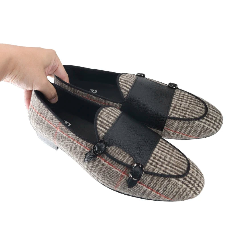 Piergitar 2024 Summer Style Plaid Cotton Men's Loafers Handmade Stitching Metal Buckle Monk Slippers Breathable Leather Insole
