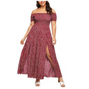 Plus Size Summer Dresses with Slash Necks, Shirred Bodice and Split Thigh Floral Dresses