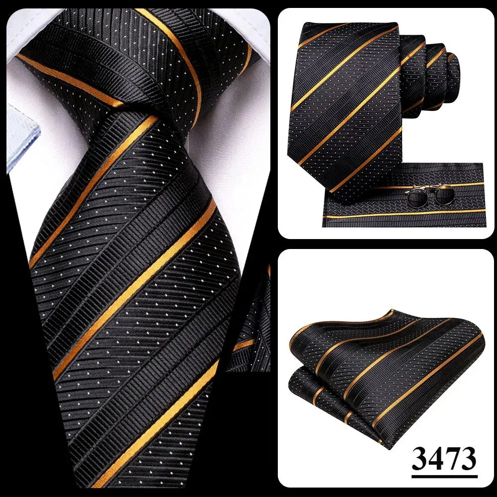 Hi-Tie Striped Black Red Gold Green Silk Wedding Tie For Men Handky Cufflink Gift Men Necktie Fashion Designer Business Party
