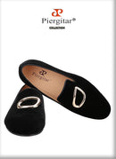 Piergitar Black Velvet Classic Men's Loafers For Fashion Party And Wedding Circle Metal Buckles Slip-On Flats Red Color Outsoles