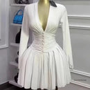 Women's Short Skirt Mini dress Ruched Lantern Sleeve