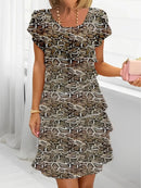 2025 Spring Chic Floral Print Chiffon Dress Woman Elegant Crew Neck Tierred Pleated Dress Summer Short Sleeve A-Line Party Dress