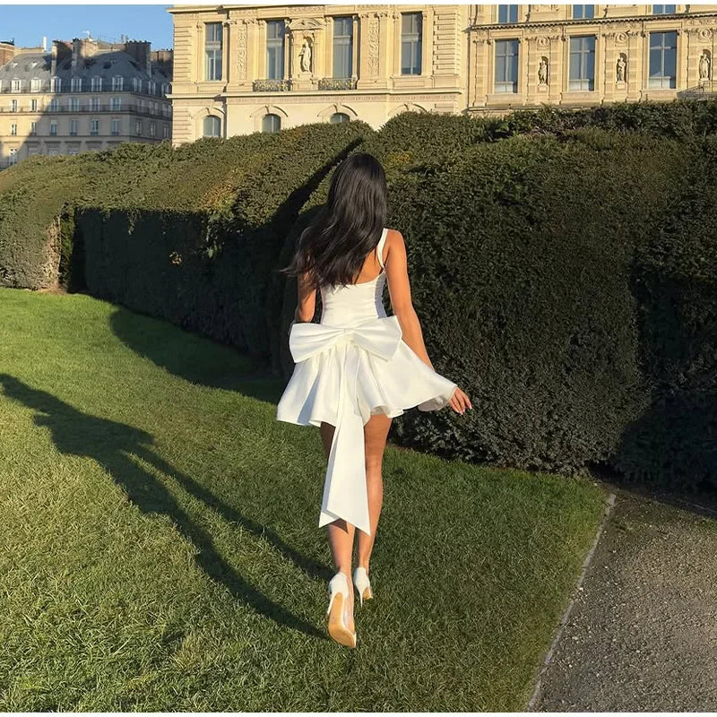Elegant 3d Bow Backless White Mini Dress Women Fashion Sling A-line Pleated Vestidos  Spring Summer Lady Party Evening Gown