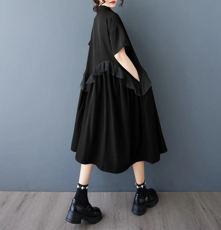 Mesh Ruffles Joined New 2025 Summer Woman Short-Sleeve Green Shirt Dress Loose Fit Tide Big Size Girls Casual Large Robe JKXD026