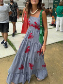 Imcute Women Cute Embroidered Maxi Dress Beach Dress Summer Boho Ruffle Long Dress Spaghetti Strap Flowy Maxi Dress