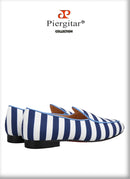 Piergitar 2022 New Arrival Blue And White Stripes Canvas Men Loafers For Party And Prom Handmade Male Slip-On Flats Red Bottom