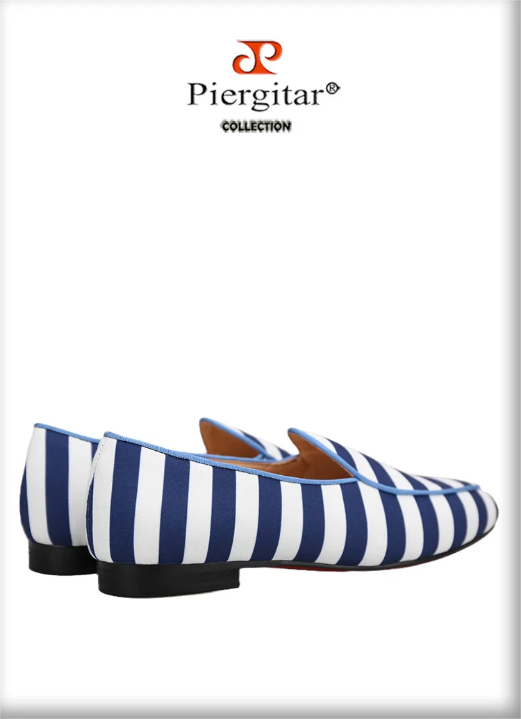 Piergitar 2022 New Arrival Blue And White Stripes Canvas Men Loafers For Party And Prom Handmade Male Slip-On Flats Red Bottom
