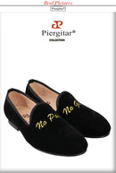 Piergitar BLack Velvet Men Moccasin With Gold Personality Letters Embroidery For Banquet And Party Handmade Slip-On Loafers