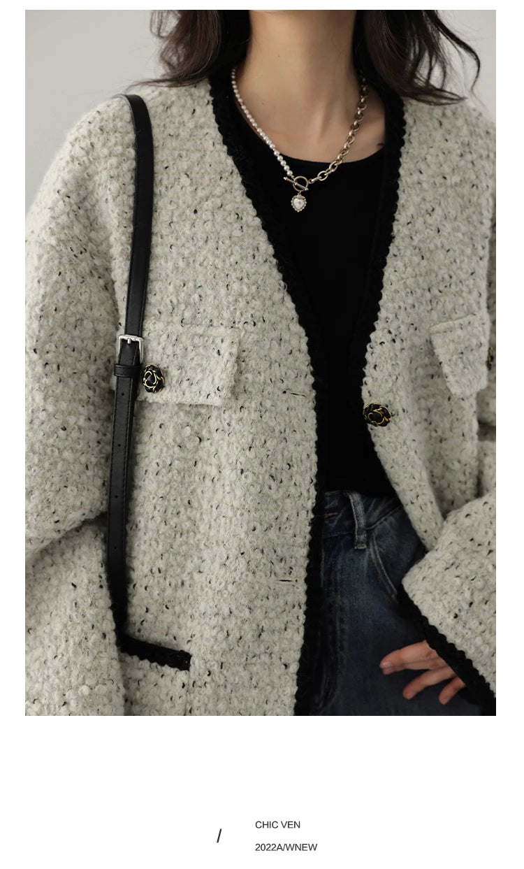 CHIC VEN Women's Woolen Coat Heavy Industry Down Jacket Vintage V-Neck Woman Down Coat Female Tops Autumn Winter 2024