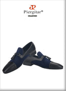 Piergitar 2023SS Navy Suede And Black Calfskin Leather Slippers With Handmade Tassels Italian Design Classic Men's Loafers