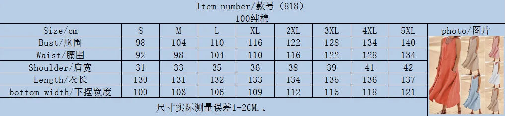 Women Linen Sundress Summer Female Sleeveless Double Big Pocket Loose Sand Beachwear Long Dress Oversized