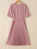 Summer Dress Women V-neck Short Sleeve Solid Pleated