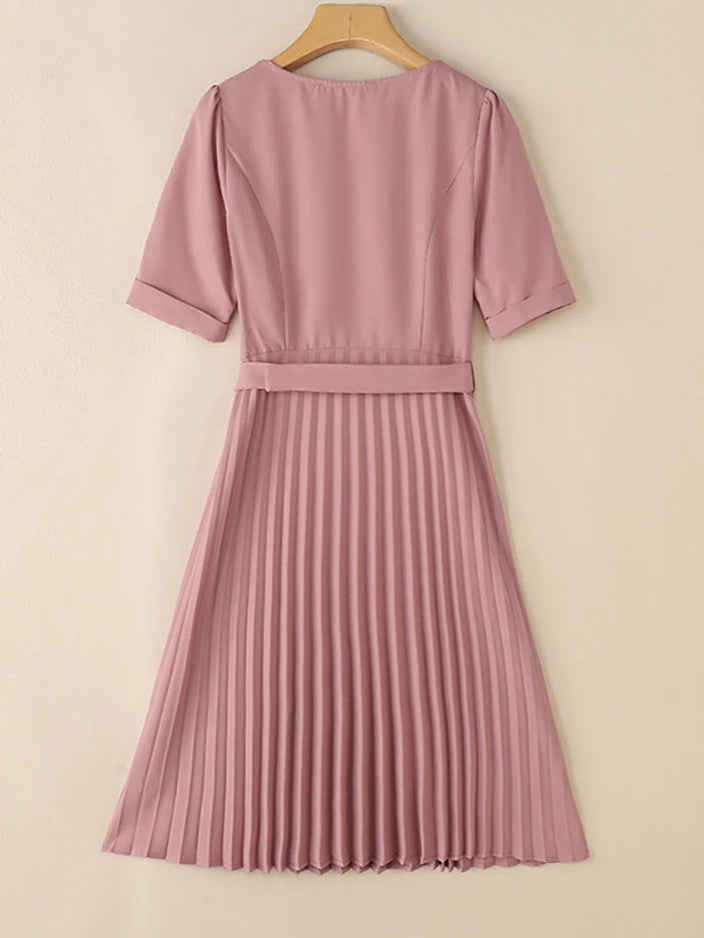 Summer Dress Women V-neck Short Sleeve Solid Pleated