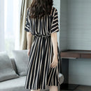 casual office lady dresses for women in a stripey short-sleeved midi dress