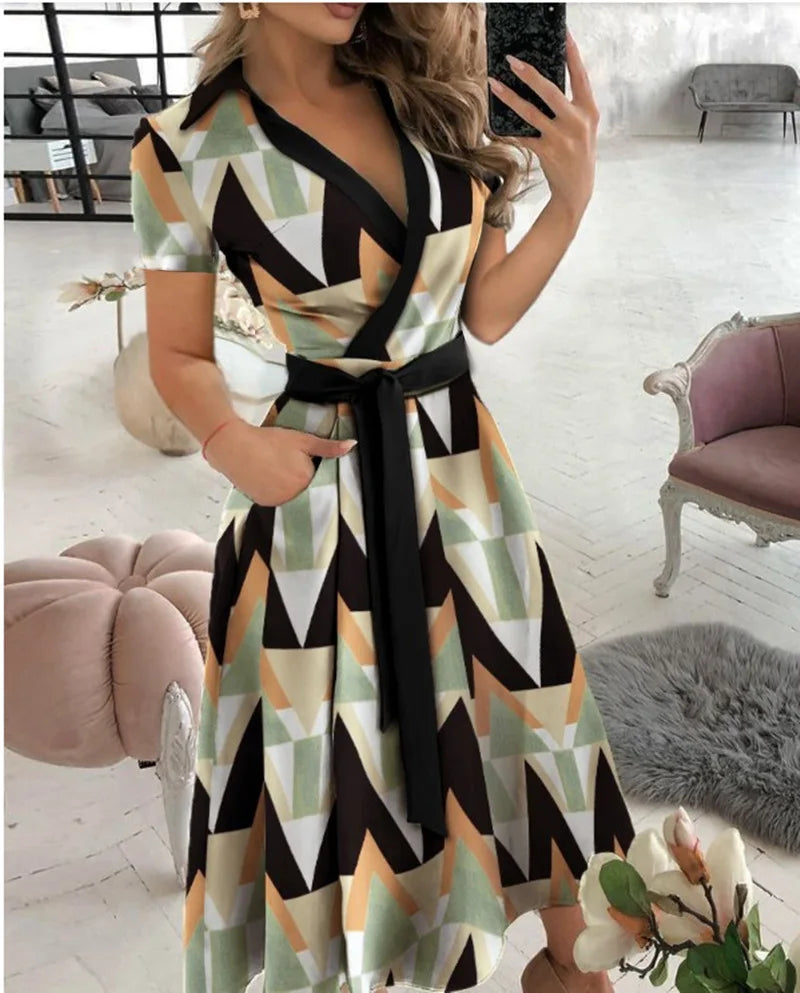 Rainbow Striped Summer Women's Maxi Dress Button-Up Short Sleeve Casual