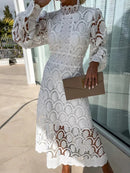 Spring New French Lace Standing Neck Bubble Sleeves Wrapped Waist for Slimming Dress, Elegant European and American Long Dress