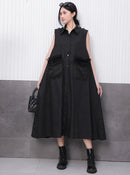 Front Pocket New 2025 Summer Korean Style Woman Black Sleeveless Shirt Dress Loose Fit Chic Holiday Casual Big Size Robe JKXD003