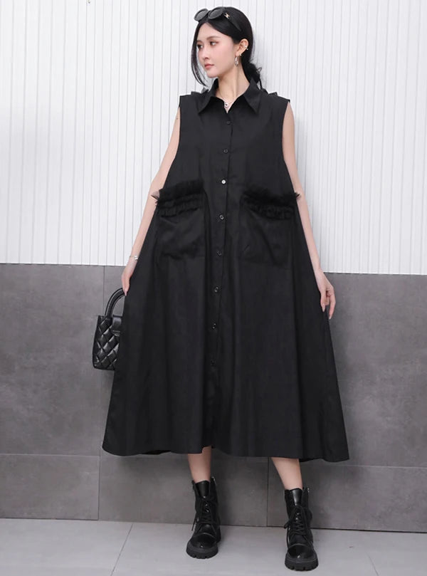 Front Pocket New 2025 Summer Korean Style Woman Black Sleeveless Shirt Dress Loose Fit Chic Holiday Casual Big Size Robe JKXD003