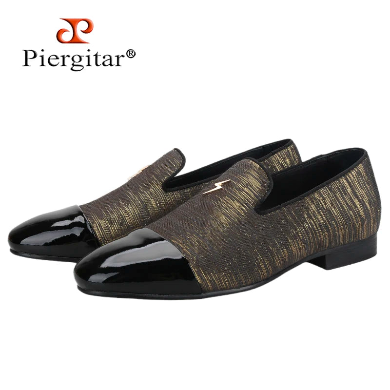 Piergitar 2023 New Three Colors Striped Silk Men's Loafers With Front Patent Leather Handmade Moccasins For Party And Banquet