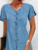 New women's casual fashion cover simple fresh square collar button short sleeve high waist denim dress