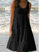 Women Causual O Neck Sleeveless Ruffles Mini Dress Boho Solid Beach Sundress Oversized Loose Dress 2023 Summer