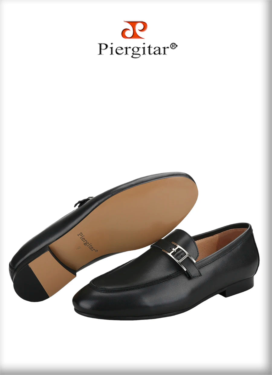 Piergitar Black Napa Calfskin Men Loafers Luxury Brand Same Style Customized Metal Buckles With Letter "H" Formal Leather Shoes