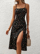 2024 Women Floral Print Spaghetti Straps Summer Boho Beach Dress Print Elegant  Suspenders Square Neck Slit Dress Vestidos