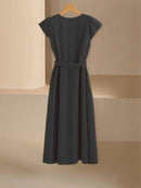 2024 Spring Summer Women's V-Neck Midi Dress Soft Stretch Office Casual Chic Solid Color No Belt Included