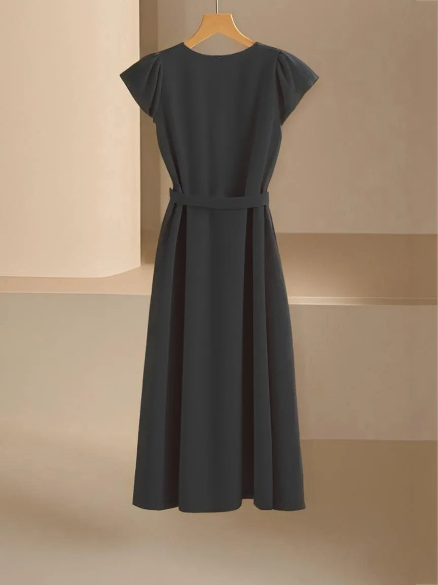 2024 Spring Summer Women's V-Neck Midi Dress Soft Stretch Office Casual Chic Solid Color No Belt Included