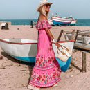 2024 Spring/Summer New Women Retro Fashion One Shoulder Red Flower Printed Waist Collection Long Style Large Swing Casual Dress